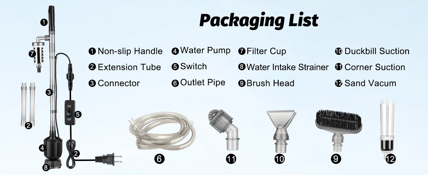Hygger aquarium cleaner packaging list with labeled parts: non-slip handle, extension tube, connector, water pump, switch, ou