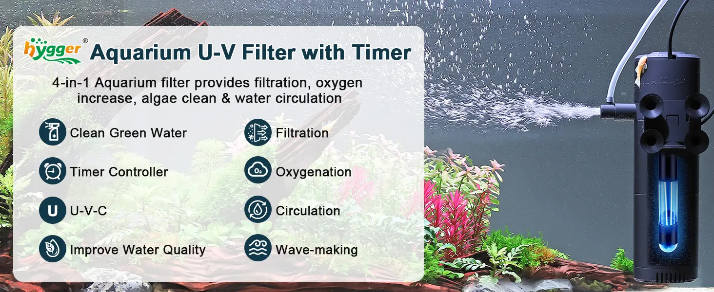 Hygger Aquarium U-V Filter with Timer - 4-in-1 filtration, oxygenation, algae control, and water circulation for clean green