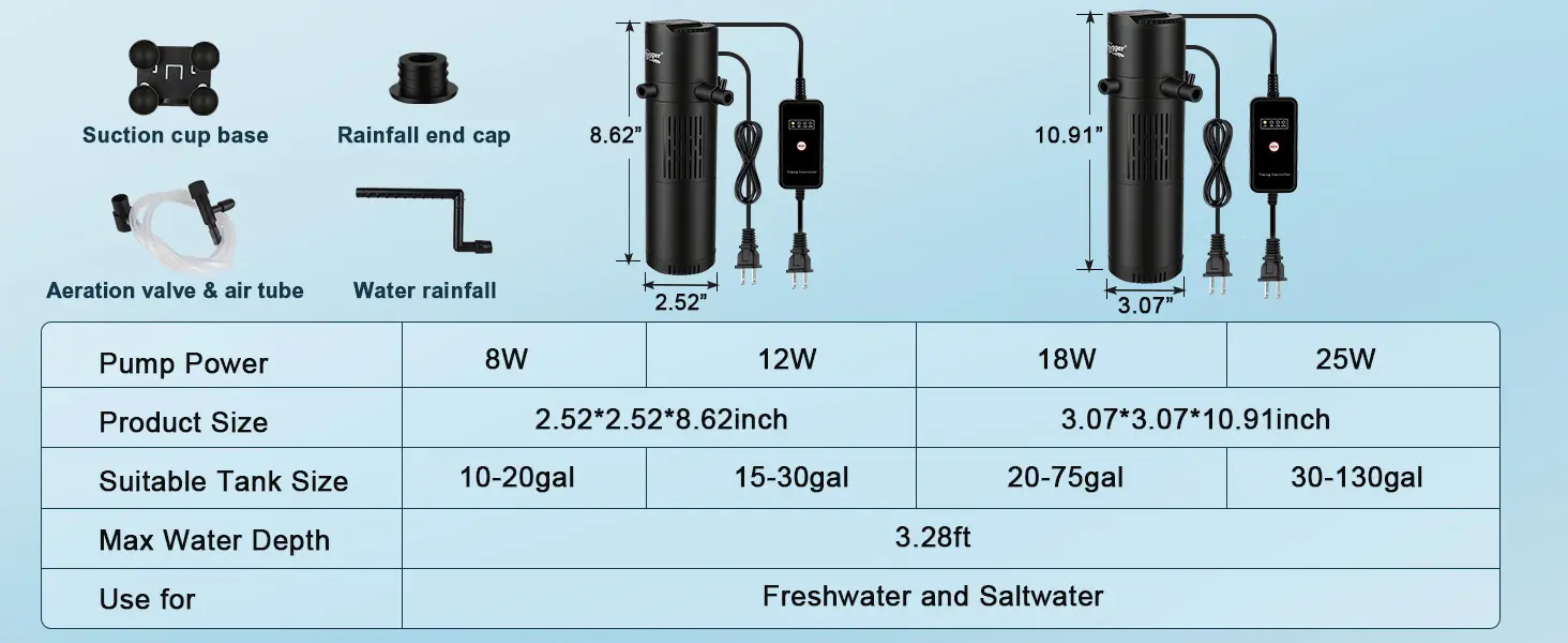 Hygger aquarium pump with suction cup base, rainfall end cap, aeration valve, and water rainfall components. Available in 8W,