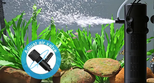 Hygger aquarium air pump with adjustable valve creating bubbles in a lush planted tank with fish and rocks