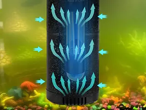 Hygger aquarium water circulation system with blue arrows showing water flow in a fish tank with colorful gravel and plants
