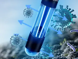 A blue-tinted test tube with a glowing liquid, surrounded by virus particles and blue arrows indicating movement, symbolizing