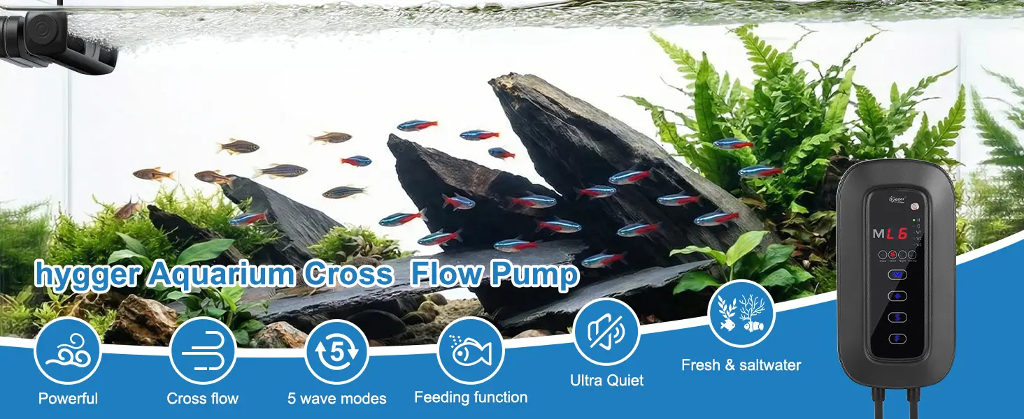 Hygger Aquarium Cross Flow Pump with 5 wave modes, ultra quiet operation, and fresh & saltwater compatibility for vibrant fis
