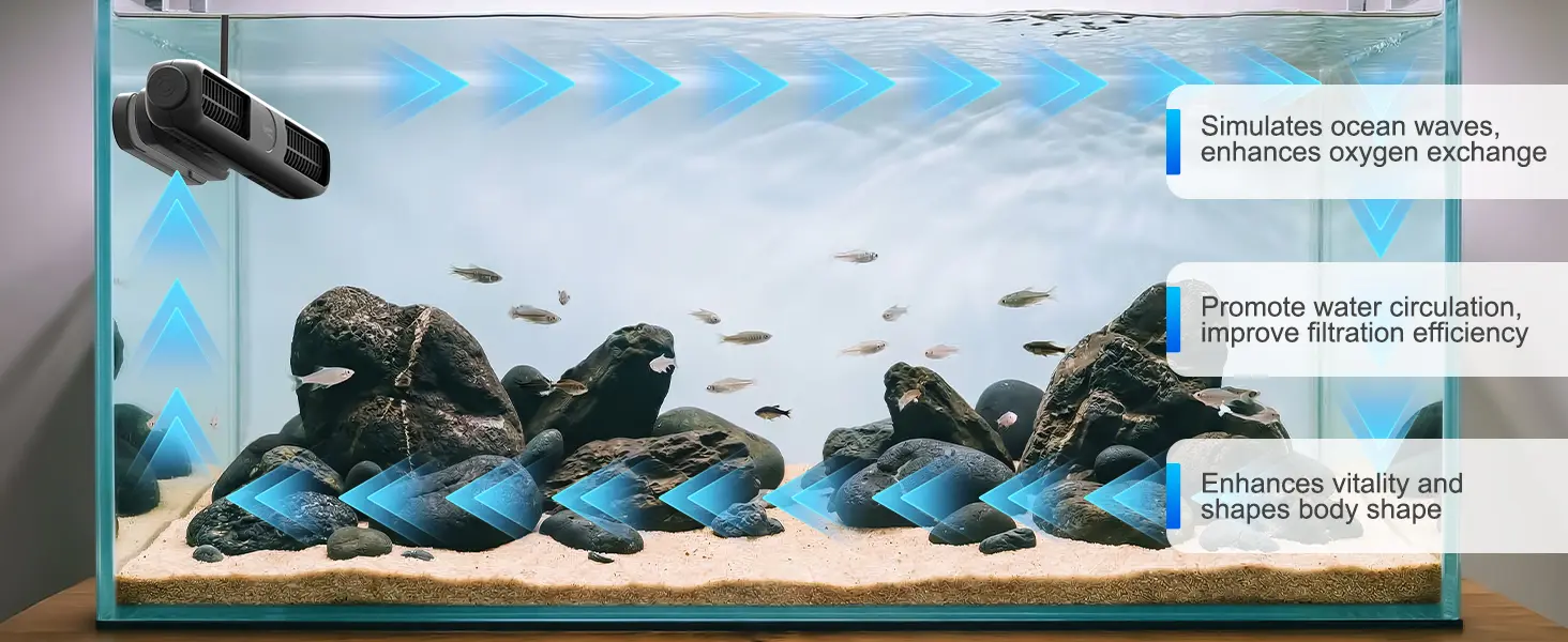Hygger aquarium with water circulation system, simulating ocean waves for oxygen exchange and fish vitality