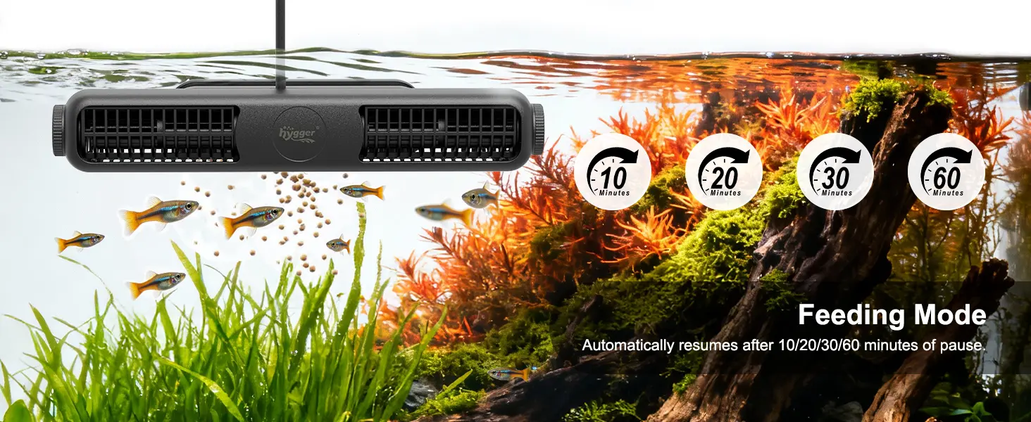 Hygger aquarium feeder with feeding mode options: 10/20/30/60 minutes pause and automatic resume for fish feeding.