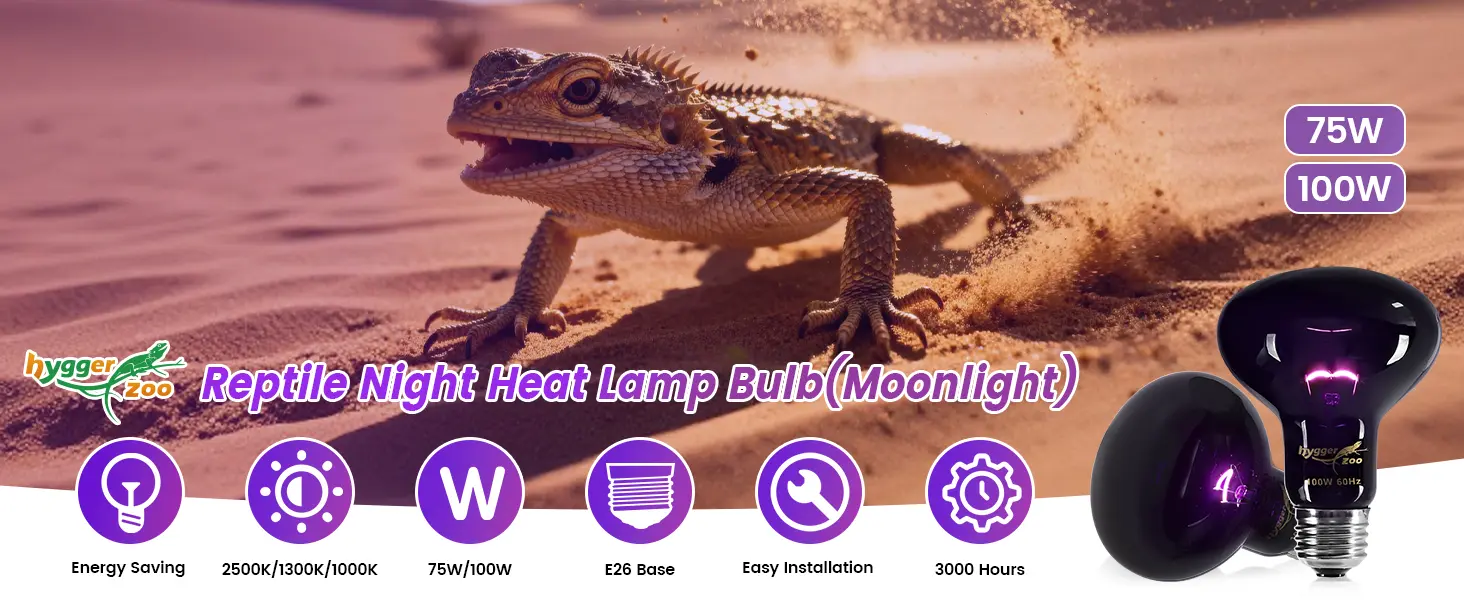 Hygger Zoo Reptile Night Heat Lamp Bulb (Moonlight) - 75W/100W Energy Saving E26 Base for Desert Lizards