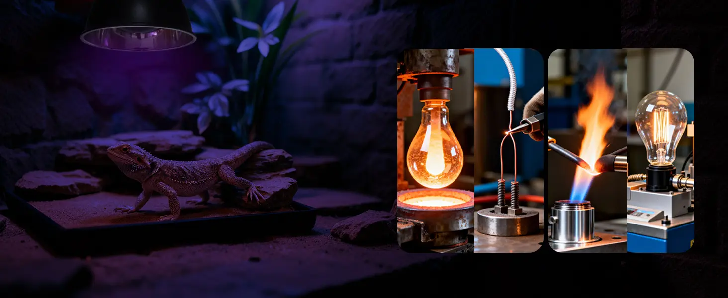 A bearded dragon in a terrarium with purple lighting, alongside images of light bulb manufacturing processes.