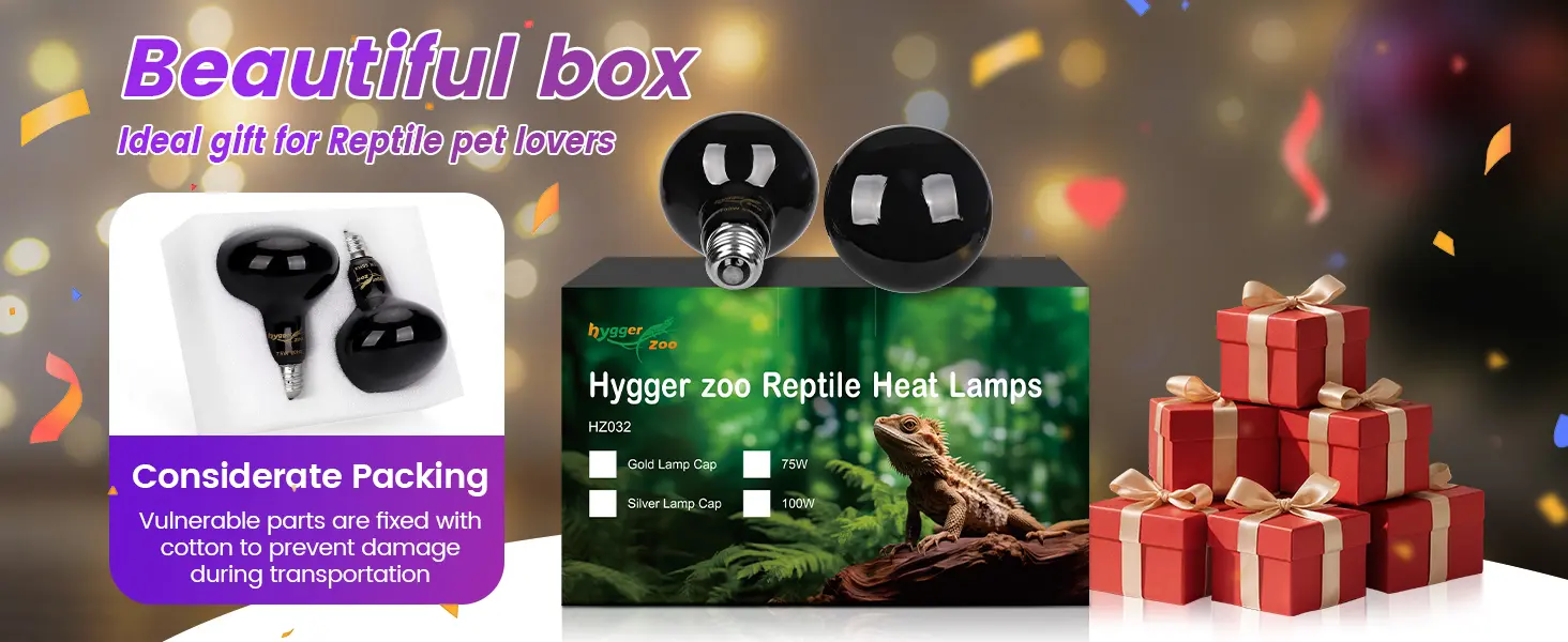 Hygger Zoo Reptile Heat Lamps HZ032 with Gold/Silver Caps, 75W/100W, ideal gift for reptile lovers with considerate packing