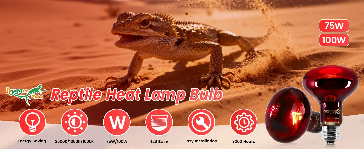 Hygger Zoo Reptile Heat Lamp Bulb - 75W/100W, E26 Base, Energy Saving, 3000 Hours Lifespan for Desert Lizards