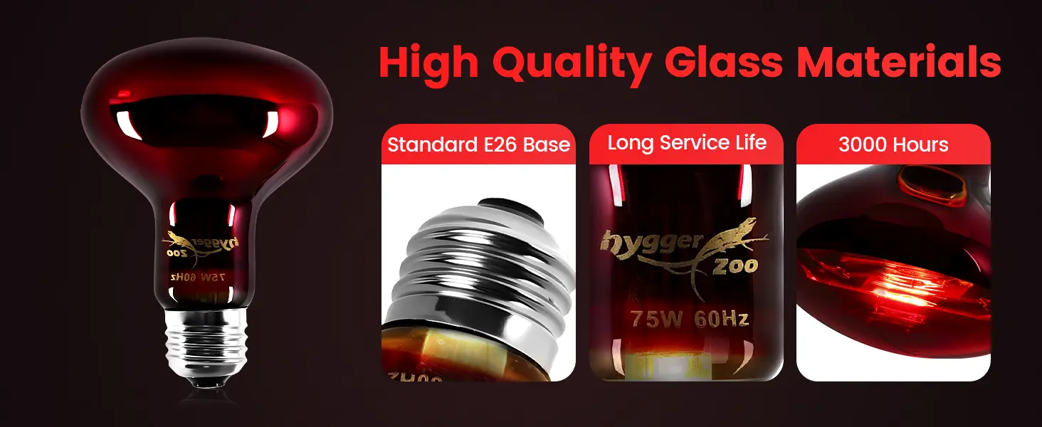 Hygger Zoo 75W 60Hz red bulb with E26 base, high quality glass, 3000 hours lifespan for aquarium lighting