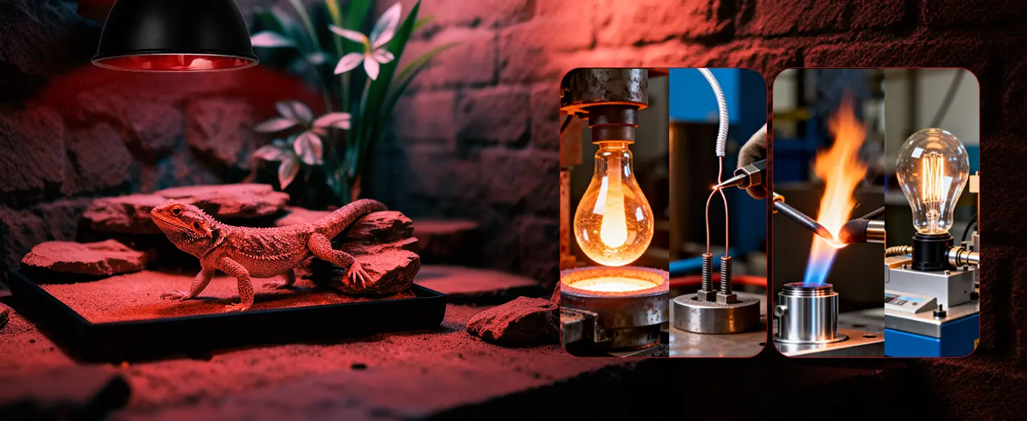 Bearded dragon in terrarium with red lighting, bulb manufacturing process steps