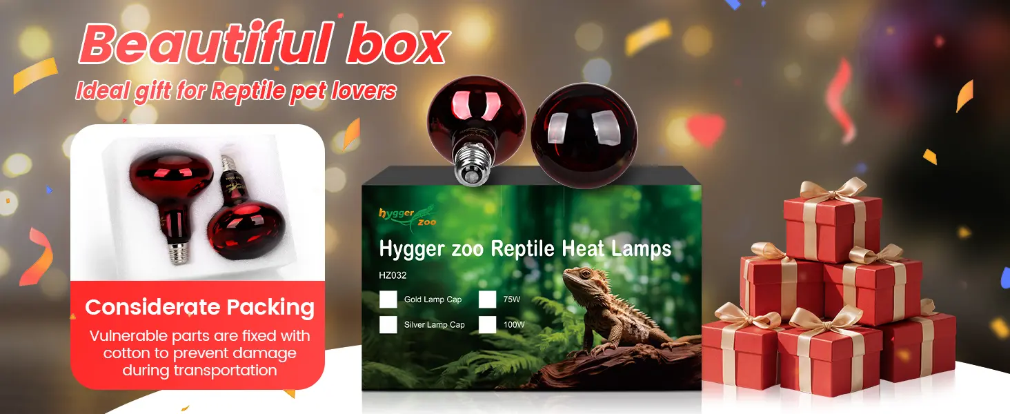 Hygger Zoo Reptile Heat Lamps HZ032 with Gold/Silver Caps, 75W/100W, ideal gift for reptile pet lovers with considerate packi