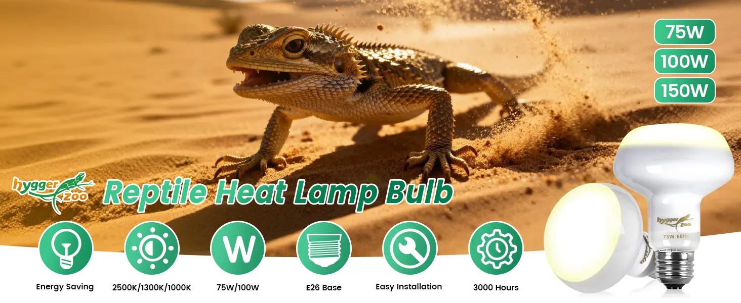 Hygger Zoo Reptile Heat Lamp Bulb - 75W/100W/150W LED Bulb for Bearded Dragons, Energy Saving, 2500K/1300K/1000K, E26 Base, 3
