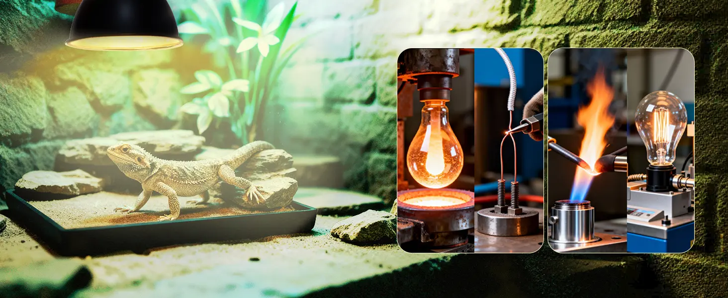 A bearded dragon in a terrarium with a heat lamp, surrounded by rocks and plants, showcasing reptile habitat setup.