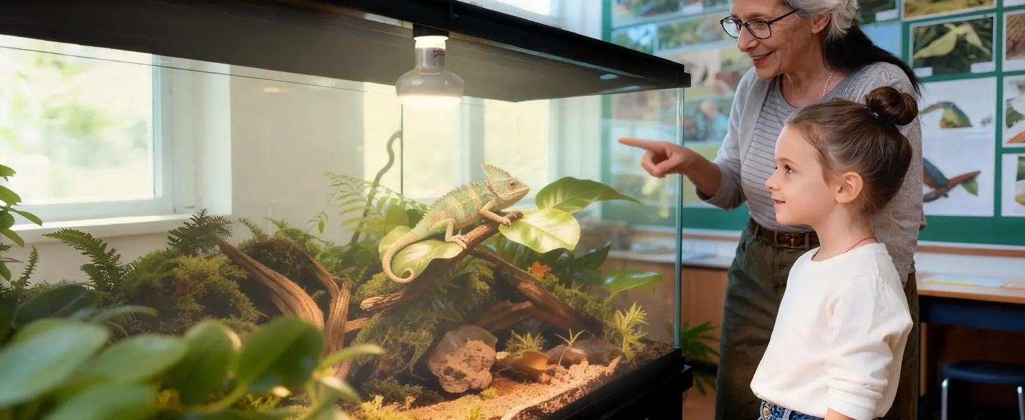 An elderly woman and a young girl observe a green chameleon in a hygger aquarium terrarium with plants and branches.