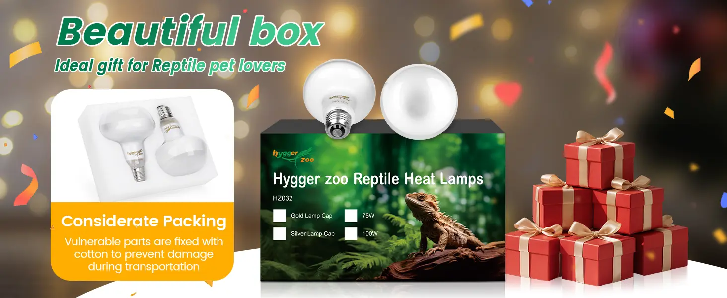 Hygger Zoo Reptile Heat Lamps HZ032 with Gold/Silver Caps, 75W/100W, ideal gift for reptile pet lovers with considerate packi