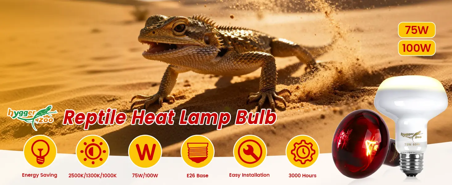 Hygger Zoo Reptile Heat Lamp Bulb - 75W/100W, E26 Base, 2500K/1300K/1000K, Energy Saving, 3000 Hours Lifespan