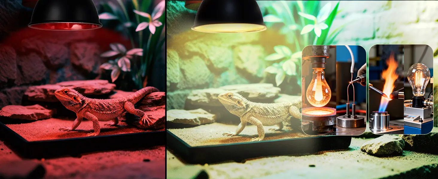 Bearded dragon in terrarium under red and yellow heat lamps with bulb manufacturing process