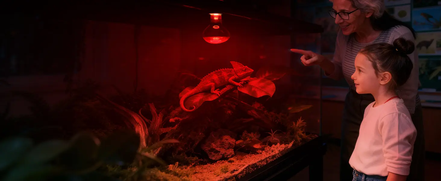 An elderly woman and a young girl observe a bearded dragon in a red-lit terrarium with plants and rocks.