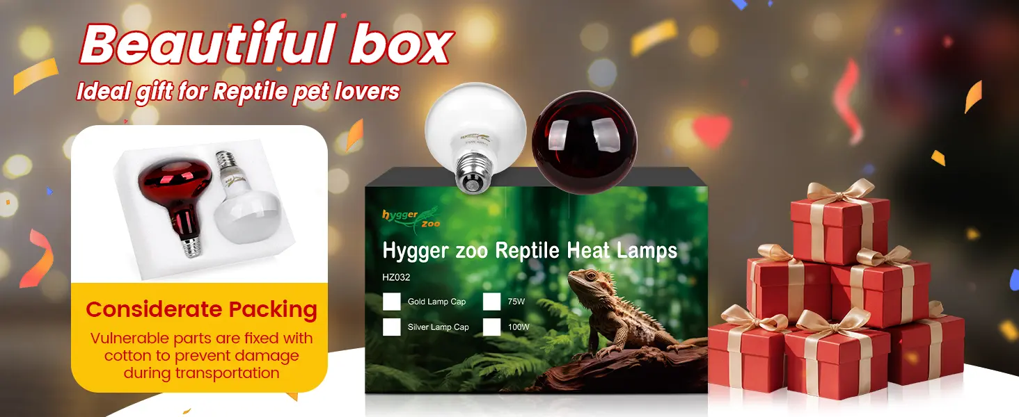 Hygger Zoo Reptile Heat Lamps HZ032 with Gold/Silver Caps, 75W/100W, ideal gift for reptile pet lovers with considerate packi