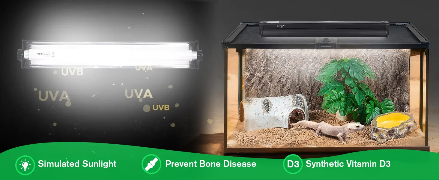 Hygger UVB LED reptile light fixture with UVA/UVB spectrum for bearded dragon habitat, promoting bone health and simulated su