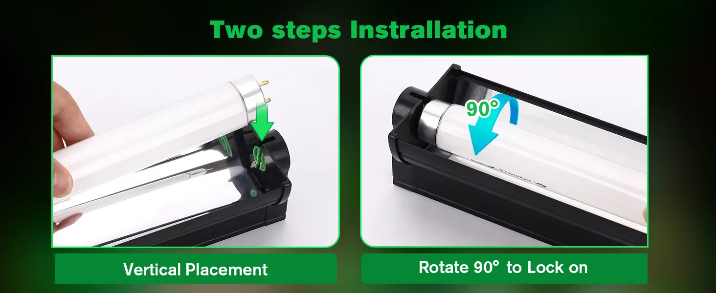 Two-step aquarium light installation guide: vertical placement and 90° rotation to lock on