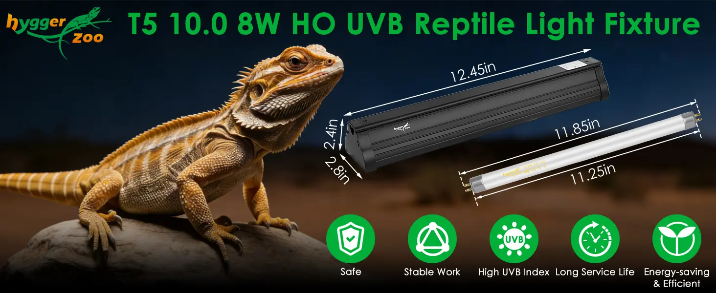 Hygger Zoo T5 10.0 8W HO UVB Reptile Light Fixture with dimensions and features for bearded dragons