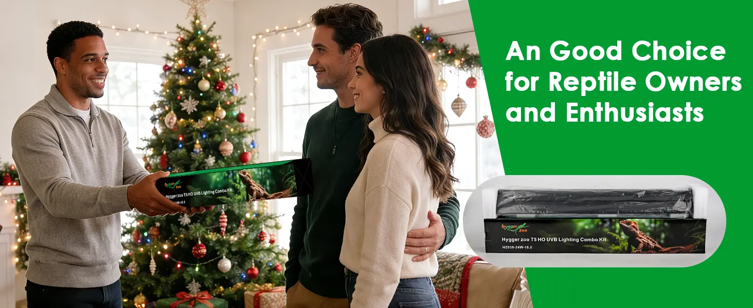 A man presents a Hygger Zoo T5 HO UVB Lighting Combo Kit to a couple in a festive Christmas setting with a decorated tree.