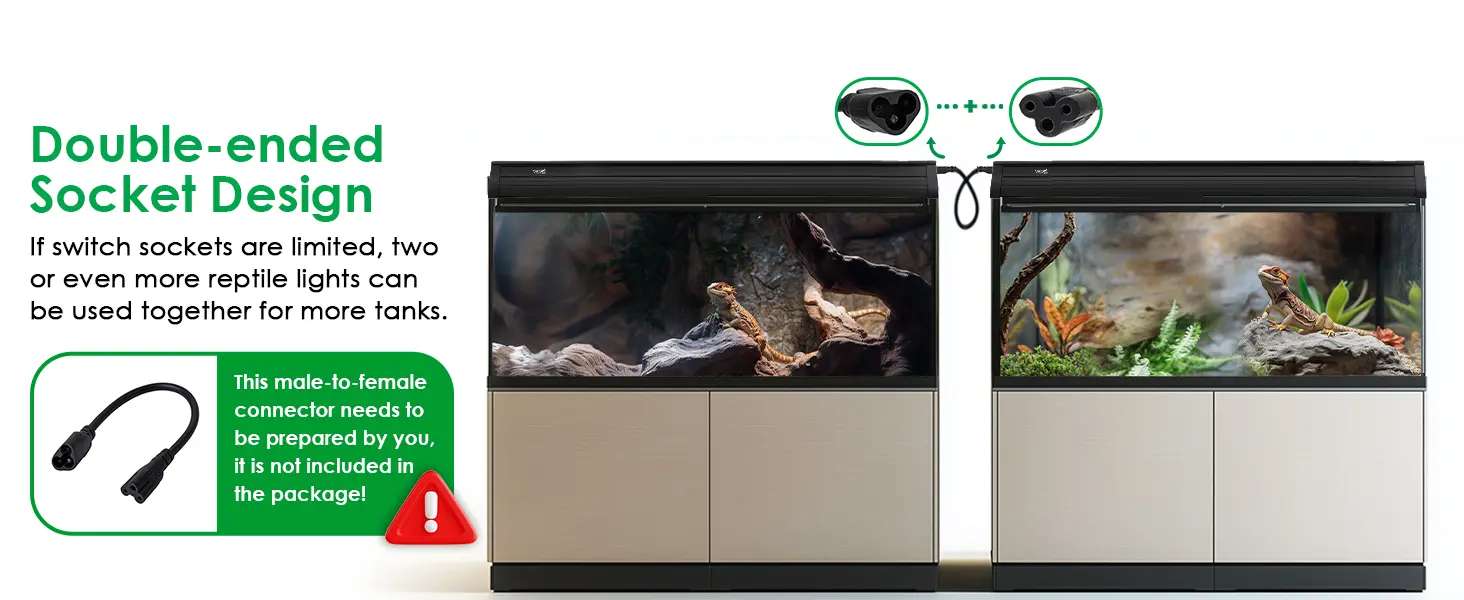 Hygger aquarium with double-ended socket design for reptile lights, connecting two tanks with male-to-female connector