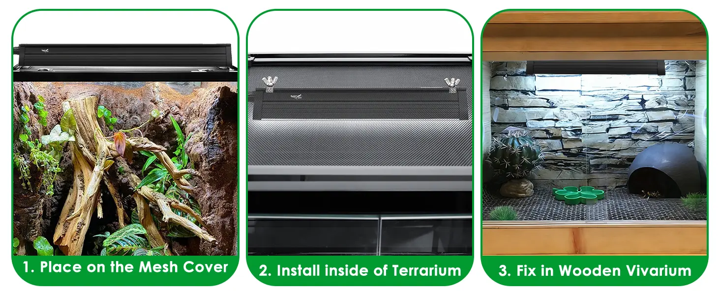 Step-by-step guide showing how to place a hygger aquarium heater on mesh cover, install inside terrarium, and fix in wooden v
