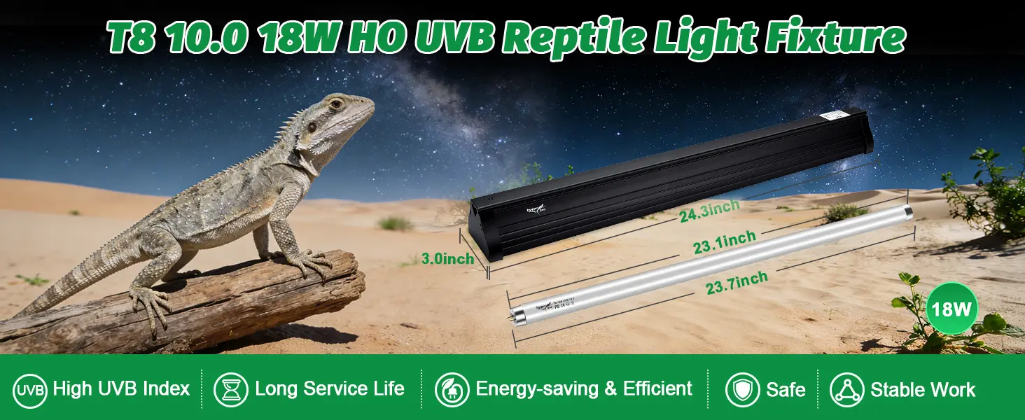 T8 10.0 18W HO UVB Reptile Light Fixture with dimensions and lizard on sandy background