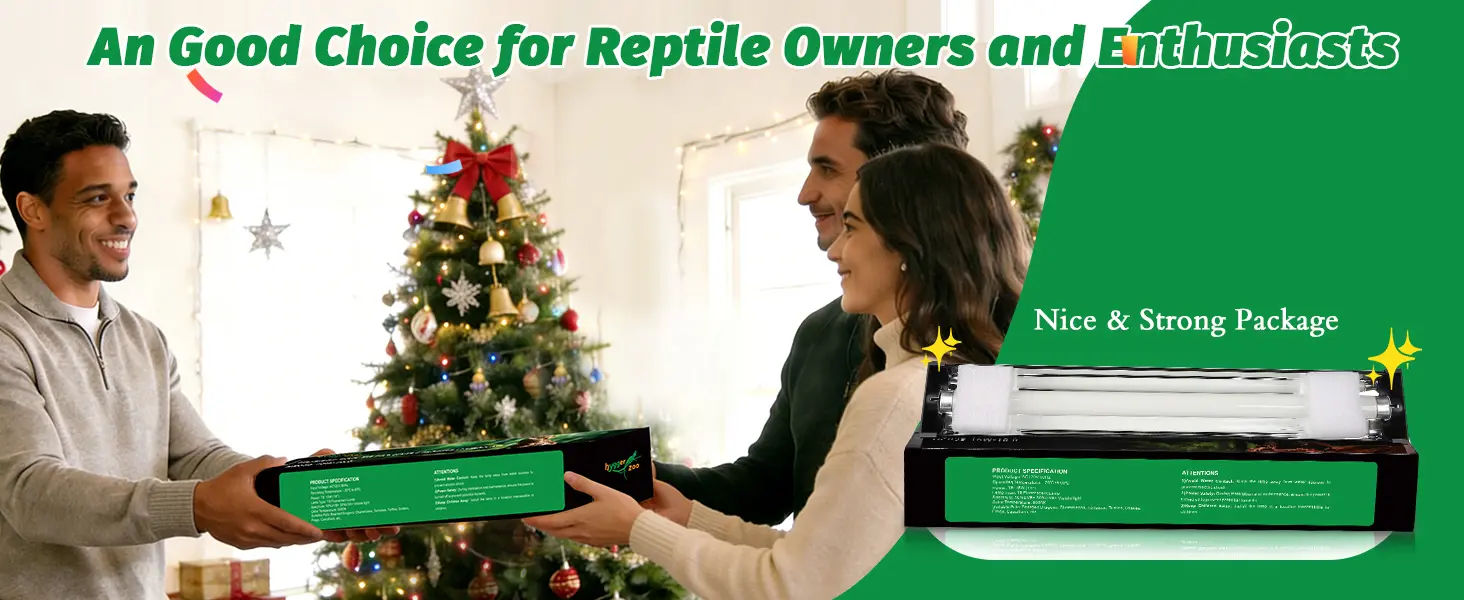 Three people exchanging a green box labeled 'Hygger Aquarium' in a festive Christmas setting with a decorated tree.