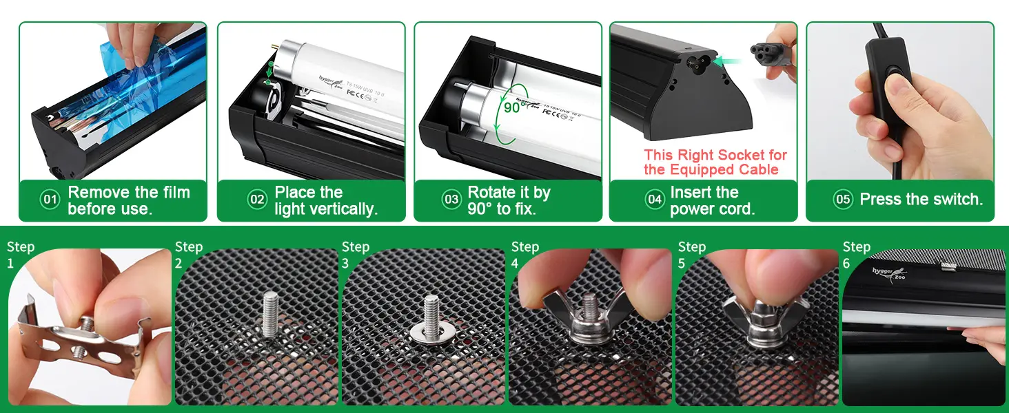 Step-by-step guide for installing hygger aquarium light fixture: remove film, place vertically, rotate 90°, insert cable, pre