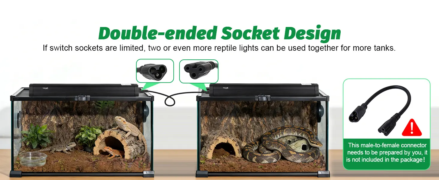 Hygger double-ended socket design for reptile lights, connecting multiple tanks with male-to-female connector (not included)