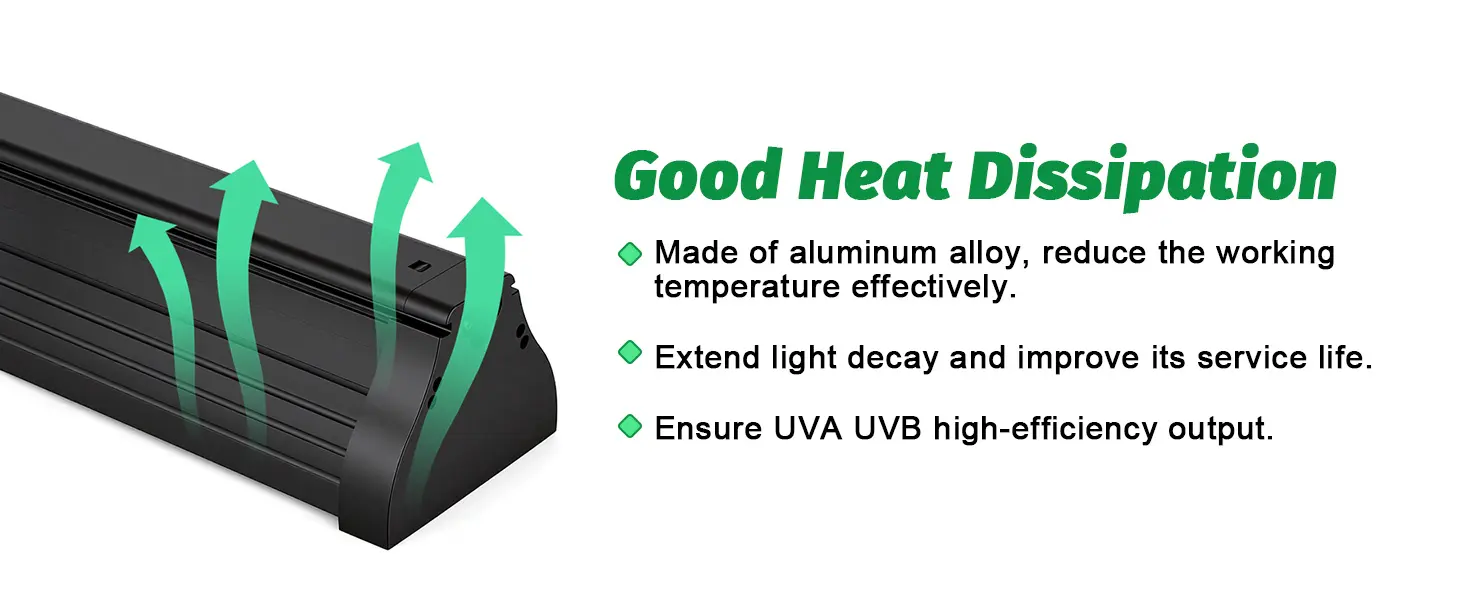 Hygger aquarium LED light bar with aluminum alloy heat dissipation design, showing green arrows indicating effective cooling