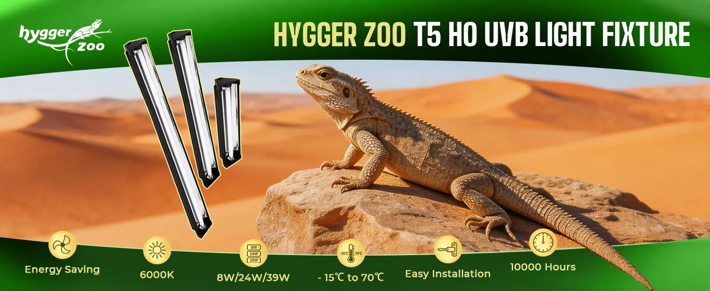 HYGGER ZOO T5 HO UVB Light Fixture for reptiles, featuring 6000K color temperature, 8W/24W/39W power options, and 10000 hours