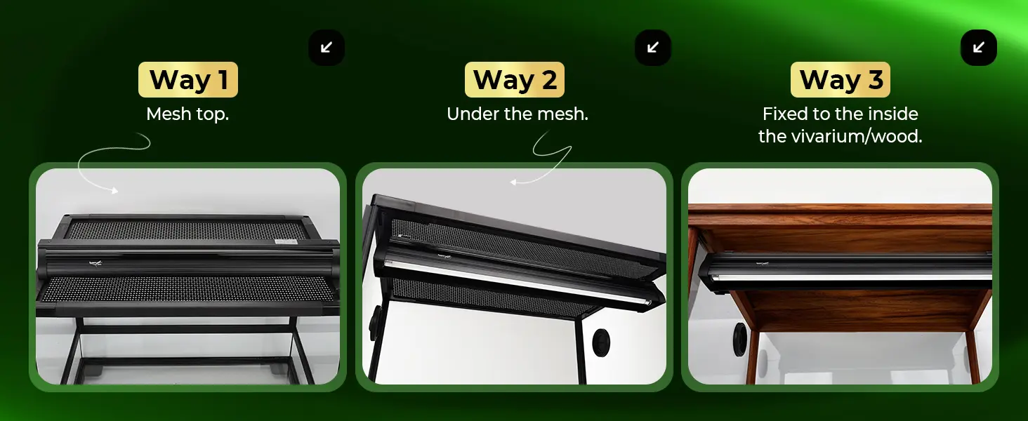 Three installation methods for Hygger aquarium heater: mesh top, under mesh, and fixed inside vivarium/wood.