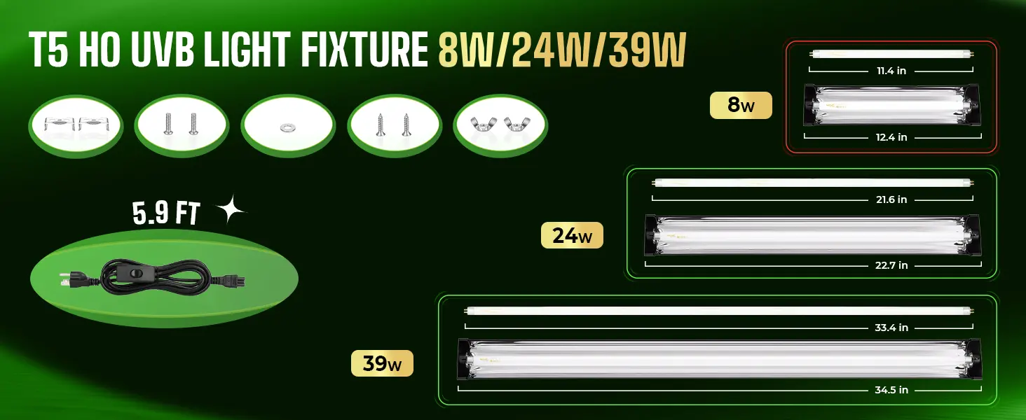 T5 HO UVB light fixture with 8W, 24W, and 39W options. Includes mounting hardware, power cord, and dimensions for each wattag