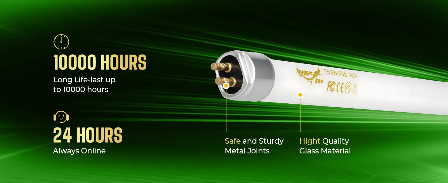 Hygger aquarium LED tube with 10000-hour lifespan, 24-hour online support, safe metal joints, and high-quality glass material