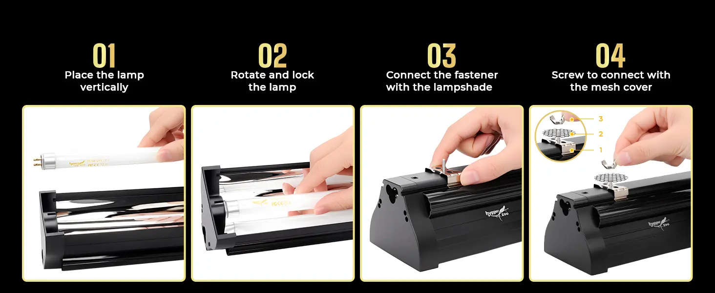Step-by-step guide to installing hygger aquarium lamp: place vertically, rotate lock, connect fastener, screw mesh cover