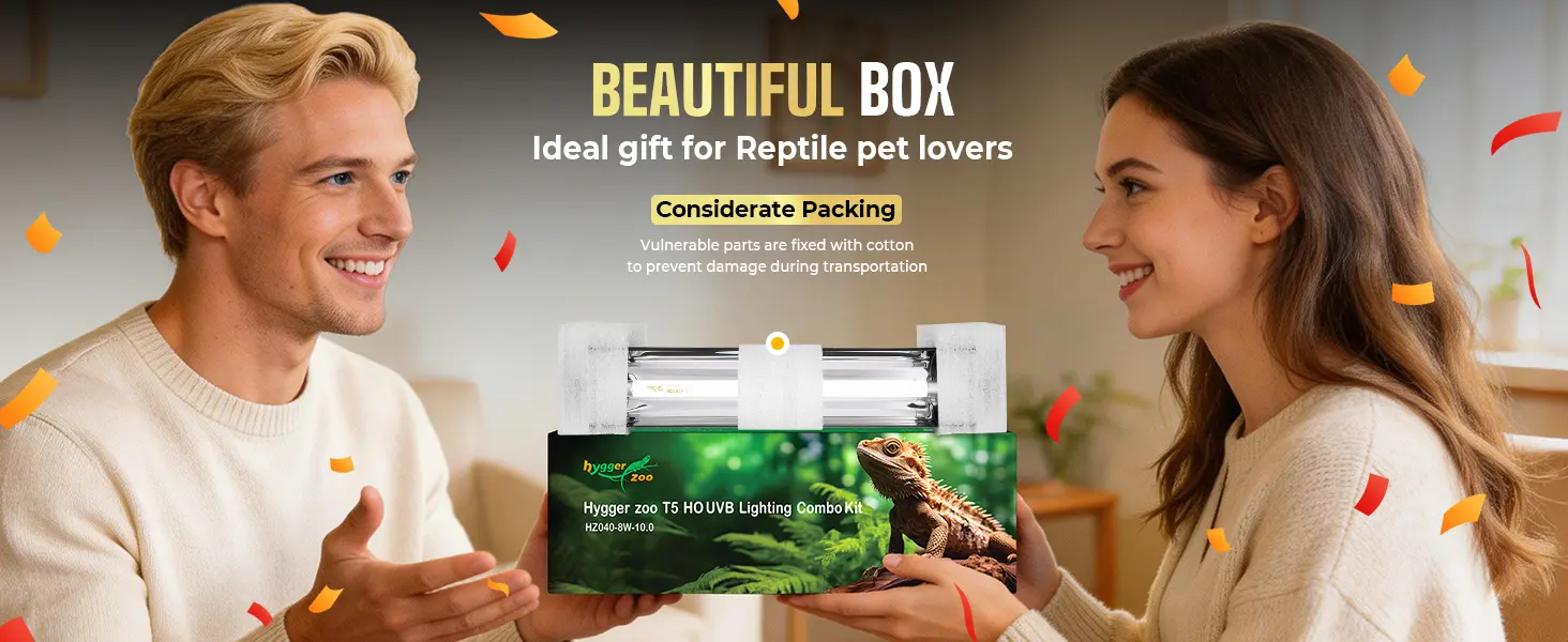 A couple holds a Hygger Zoo T5 HO UVB Lighting Combo Kit box, ideal gift for reptile lovers with considerate packing for safe