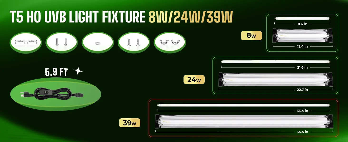 T5 HO UVB light fixture with 8W, 24W, and 39W options. Includes mounting hardware, power cord, and dimensions for each wattag