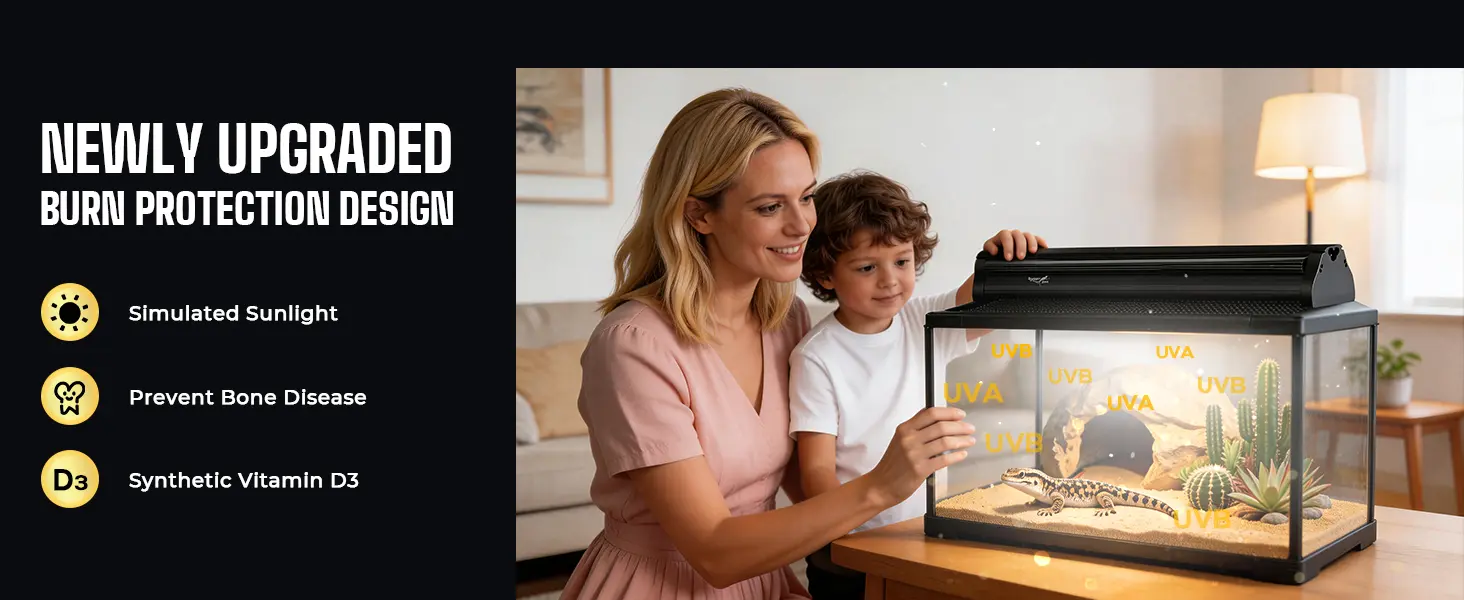 A woman and child interact with a hygger aquarium featuring UVB/UVA lighting for reptile care, highlighting burn protection d