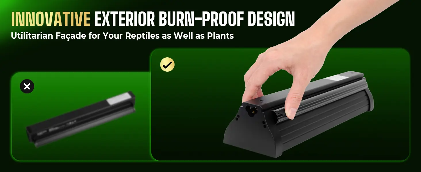 Innovative burn-proof exterior design for reptile enclosures and plant displays, featuring a utilitarian facade with a hand d