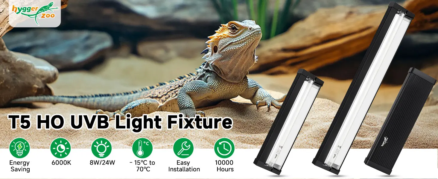 T5 HO UVB Light Fixture for Bearded Dragons with Energy Saving, 6000K, 8W/24W, -15°C to 70°C, Easy Installation, 10000 Hours