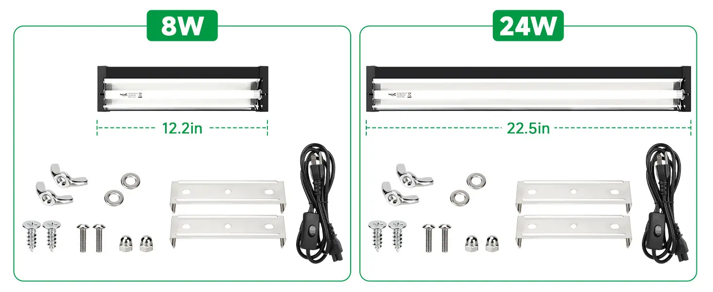 Hygger 8W and 24W LED aquarium lights with mounting hardware and power cords for fish tank illumination