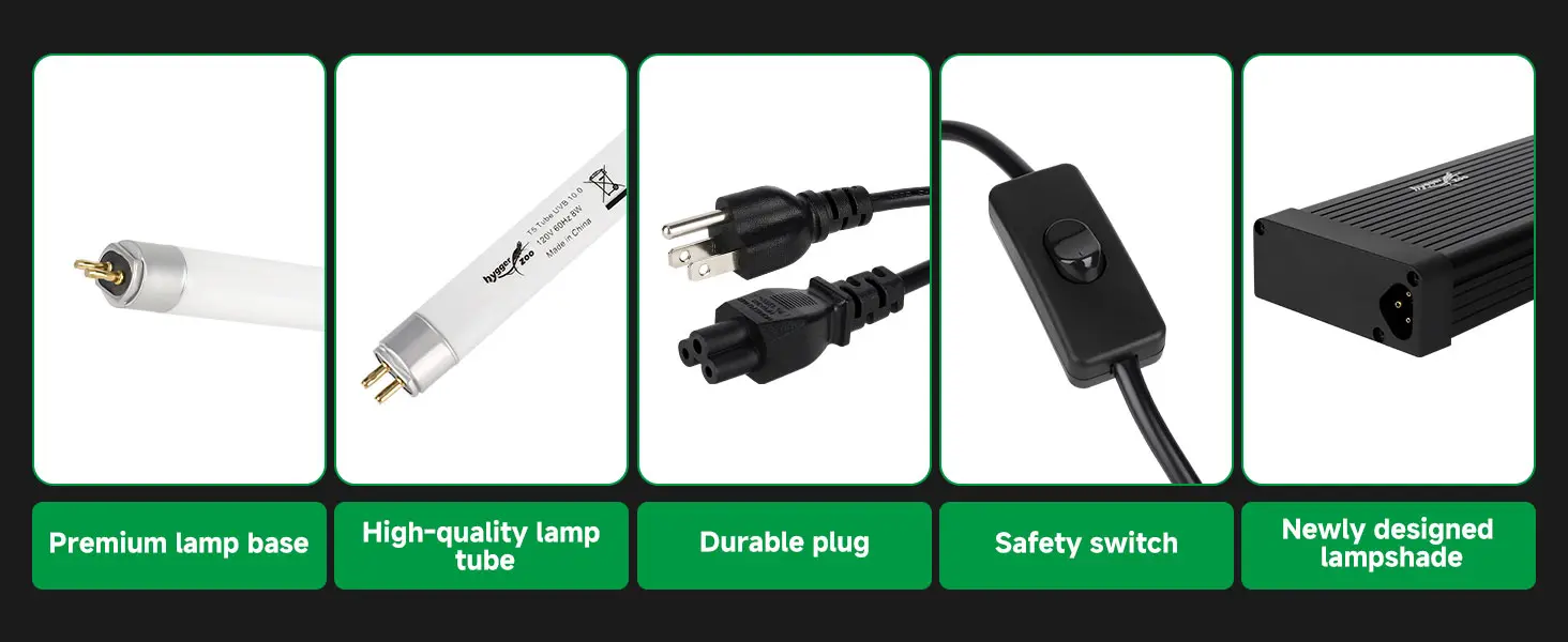Hygger aquarium lighting components: premium lamp base, high-quality tube, durable plug, safety switch, and newly designed la