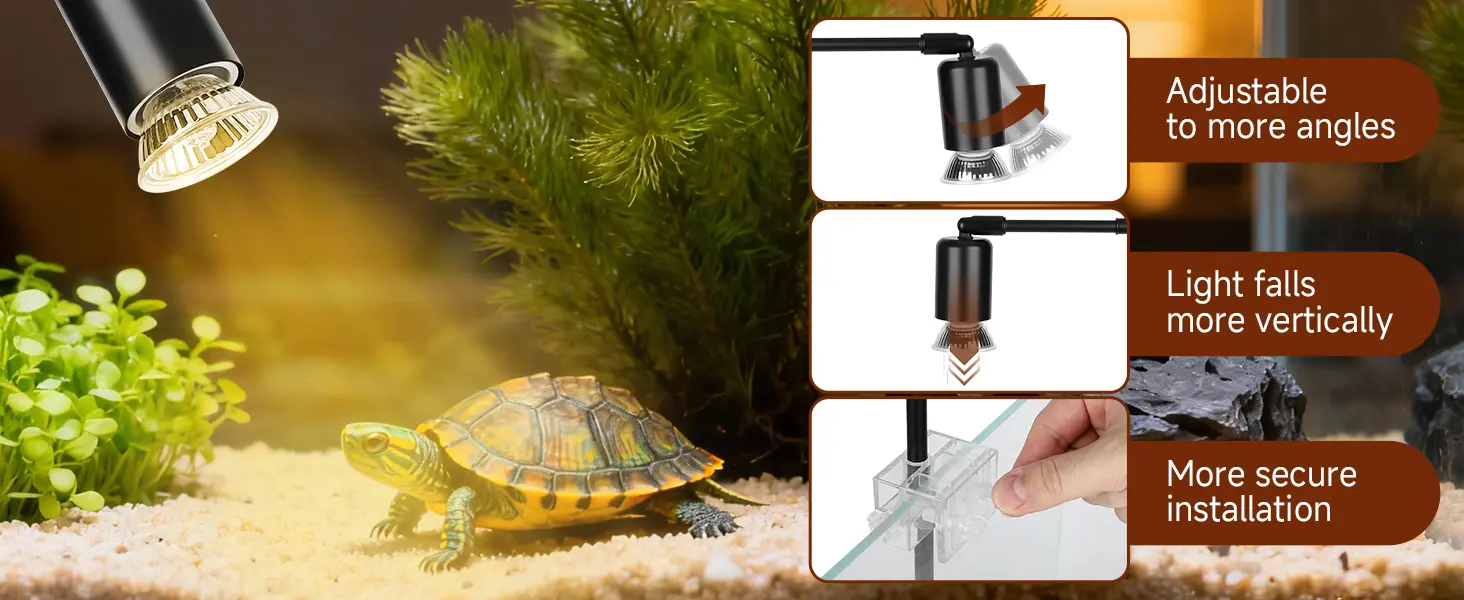 Hygger aquarium LED light fixture with adjustable angles, vertical light, and secure installation for turtle tank
