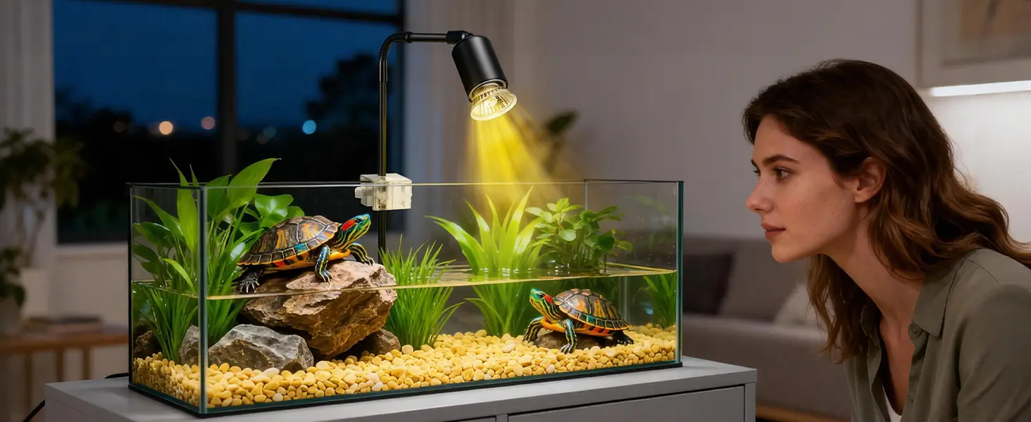 Woman observing two colorful turtles in a hygger aquarium with plants, rocks, and yellow gravel under a heat lamp