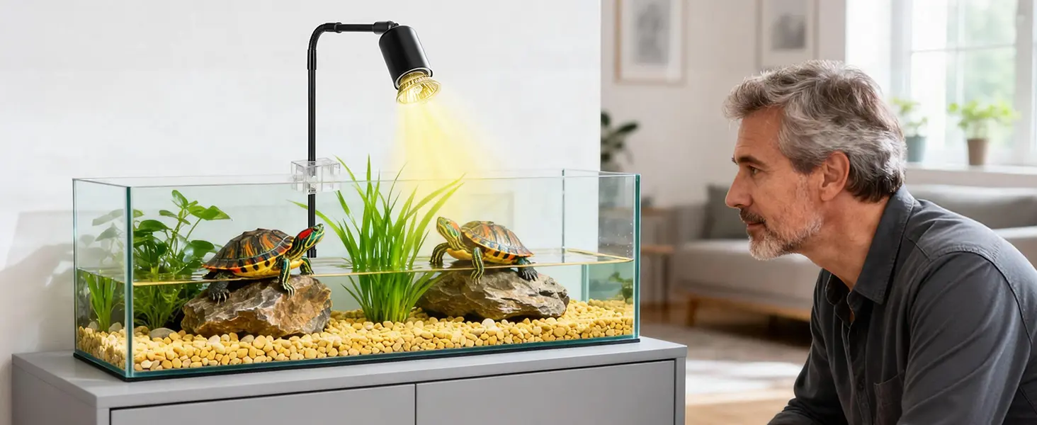 A man observes two colorful turtles in a hygger aquarium with plants, rocks, and a basking light.